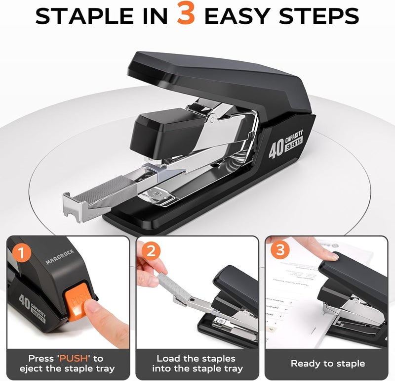 Mars-Rock Effortless Stapler for Desk with 40-50 Sheet Capacity, 2000 Staples, 1-Touch Stapling, Ergonomic & Easy to Load Desktop Staplers, Heavy Duty Stapler, and Magnetic Staple Remover, Black - Image 4